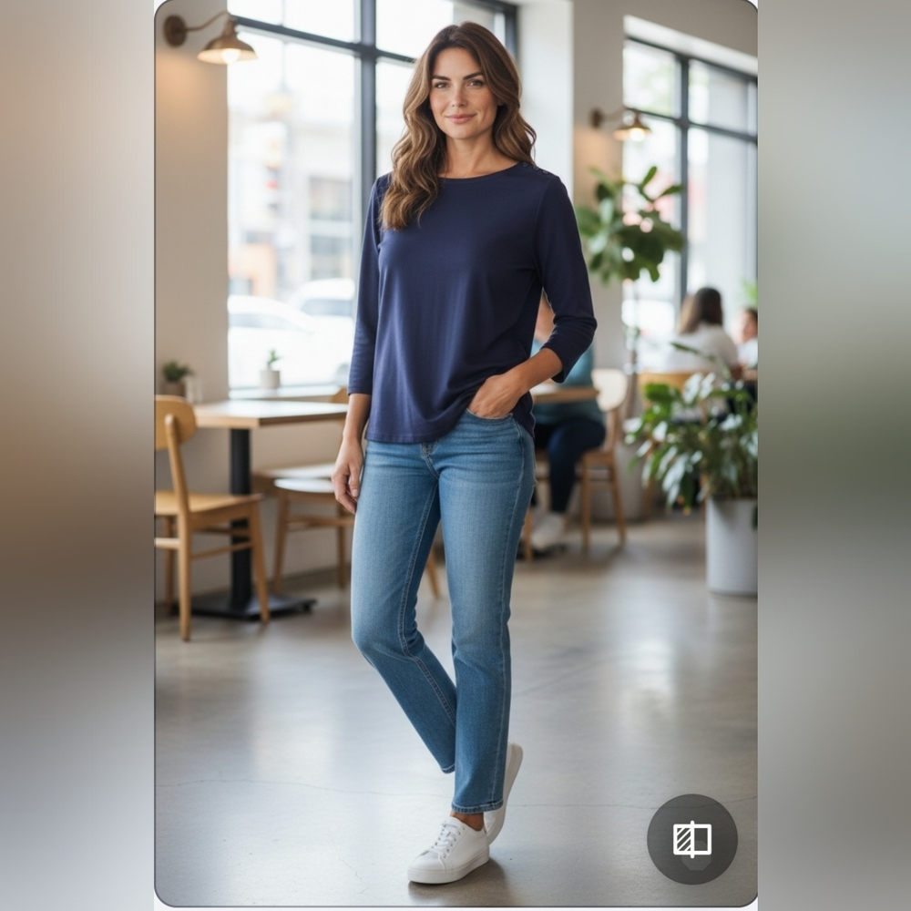 Charter Club Dark Blue 3/4 Sleeve Top with Shoulder Buttons